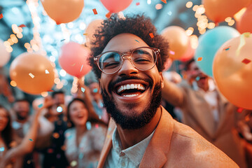 Joyful celebration with smiling man at corporate party among colorful balloons and confetti, Employee Appreciation Day