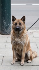 Adorable dog with leash sitting on urban sidewalk