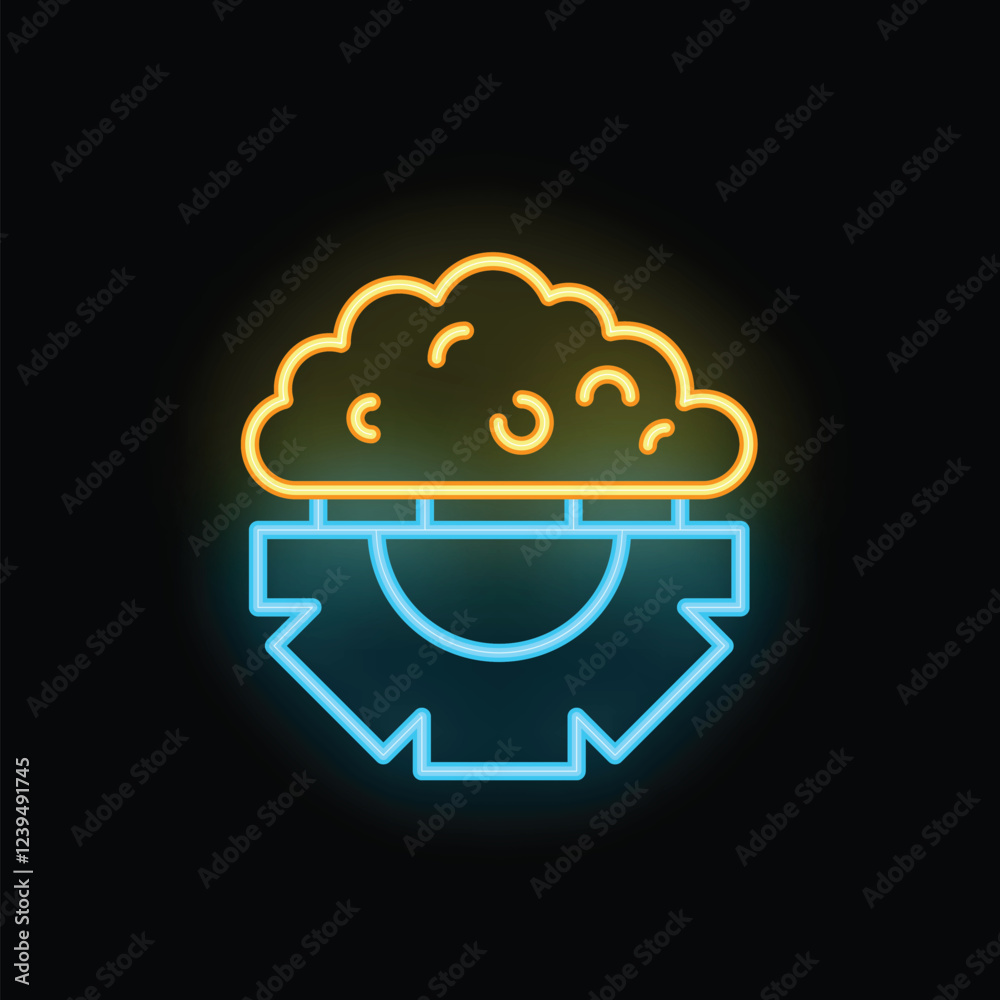 Poster neon style icon representing cloud computing connecting to a gear, symbolizing the integration of di