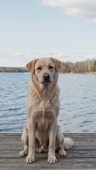 Serene dog resting on wooden dock by tranquil water