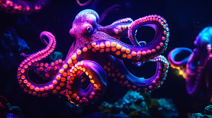 Fototapeta premium Neon octopus tentacles glowing in the depths of a dark sea. 