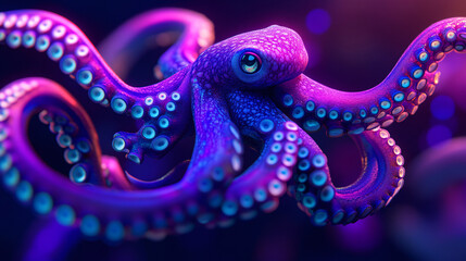 Obraz premium Neon octopus tentacles glowing in the depths of a dark sea. 