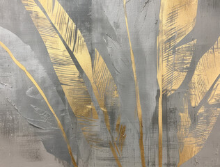 Textured abstract artwork featuring gray and gold leaf patterns, creating modern and elegant aesthetic. interplay of colors adds depth and sophistication to any space