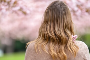 Woman with long brown hair is standing in front of a tree with pink blossoms