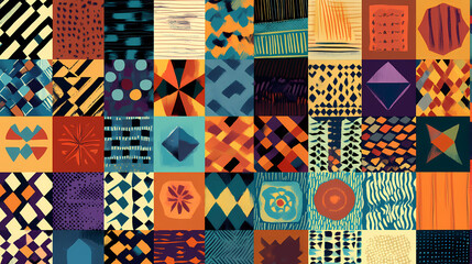 Obraz premium Colorful patchwork quilt background with various geometric shapes and patterns, quilt, colorful, patchwork, background. Geometric Patterns. Illustration