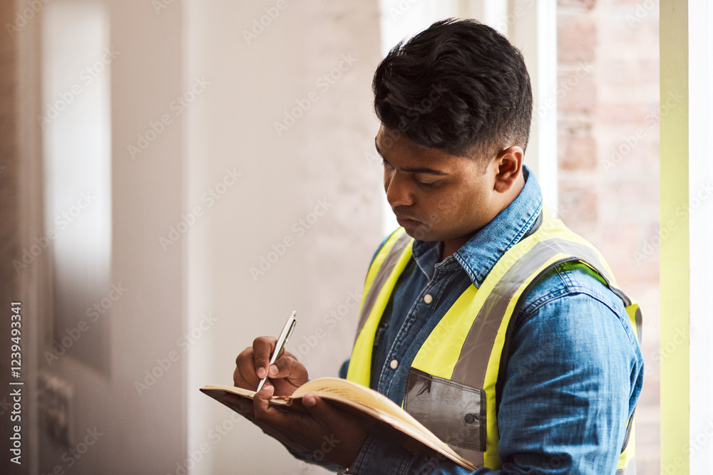 Aufkleber man, engineer and writing in book for planning, quality inspection and project management. architect