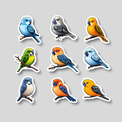 Fototapeta premium Bunt illustrierte Vögel auf Ästen in einem kreativen Sticker-Design