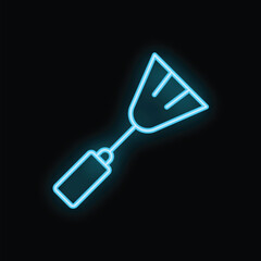 Blue neon icon of a fly swatter glowing on black background representing pest control