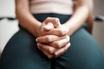 Woman, hands and praying in office, worship and ask God for assistance or opportunity in career. Female person, professional gratitude and religion for spiritual wellness, confess and faith in peace