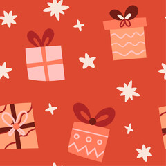 Cute vector christmas seamless pattern with colorful gift box elements.