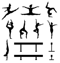 Balance Beam Acrobatic Gymnastic Silhouette Poses Clipart with Balance Beams on a Transparent Background