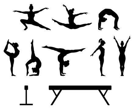 Gymnastics Acrobat Silhouette Poses Clipart with Balance Beams on a Transparent Background
