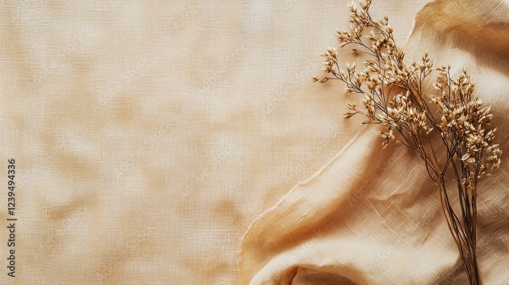 Poster A soft ochre canvas texture blends seamlessly with natural elements, as delicate dried flowers rest gently, embodying tranquility and artistic charm in a minimalist setting