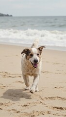 Energetic dog sprinting on sandy shore