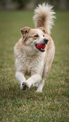 Playful dog with red ball in mouth ready for fetch