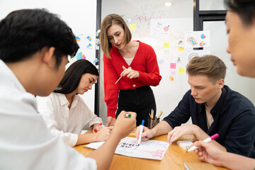 Fototapeta premium Happy cooperative multi-ethnic business group brainstorming discussion about marketing plan by using mind map in front of glass board with colorful sticky notes at meeting room. Immaculate.
