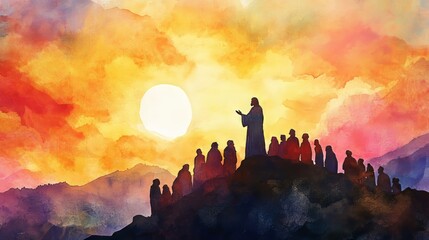 Silhouette of jesus preaching to the crowd from the mountaintop in watercolor style