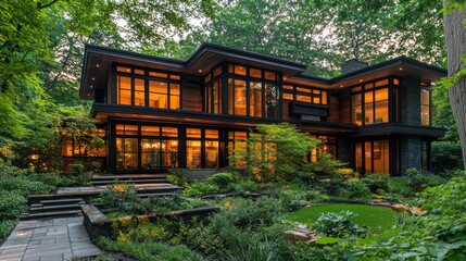 Nestled among lush greenery, elegant design shines through as warm lights glow from within a modern, multi-level home at twilight, inviting a sense of tranquility and comfort amidst nature