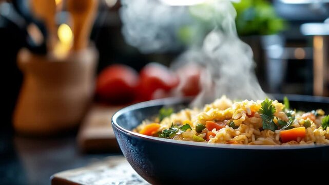 Steaming bowl of freshly cooked fried rice with vegetables &ndash; warm home-cooked meal