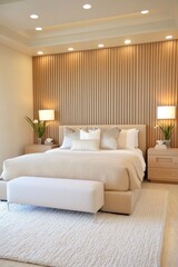 Fototapeta premium Cozy organic modern bedroom, oversized boucle bed in warm taupe, textured oak slat accent wall with vertical LED strips, floating travertine nightstands