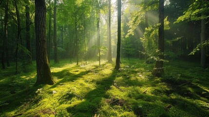 Obraz premium Sunbeams piercing through a dense forest, illuminating a carpet of moss and fallen leaves, creating a serene natural setting