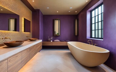 Warm exotic bathroom, deep plum stucco walls with golden LED inlays, floating wooden vanity with intricate ceramic sink, oversized mirror