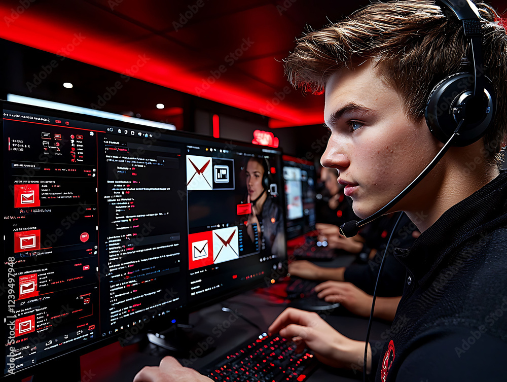 Poster intense young man in headset monitors computer screens displaying code and email notifications in a 