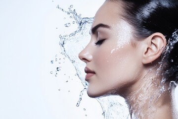 Naklejka premium Woman's face is splashed with water, creating a refreshing
