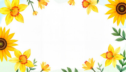 Fototapeta premium Floral watercolor border with sunflowers and yellow flowers