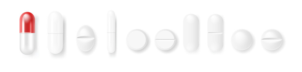 Vector 3d Realistic White Medical Pill Icon Set Closeup Isolated on Transparency Grid Background. Design template of Pills, Capsules for graphics, Mockup. Medical and Healthcare Concept. Top View
