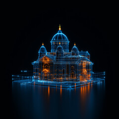 Futuristische digitale Architektur mit leuchtenden Linien und Strukturen

