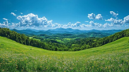 Obraz premium Vast green valley stretches endlessly, kissed by sunlight and adorned with wildflowers, as majestic mountains loom in the distance beneath a vivid sky. Nature's heartbeat resonates all around