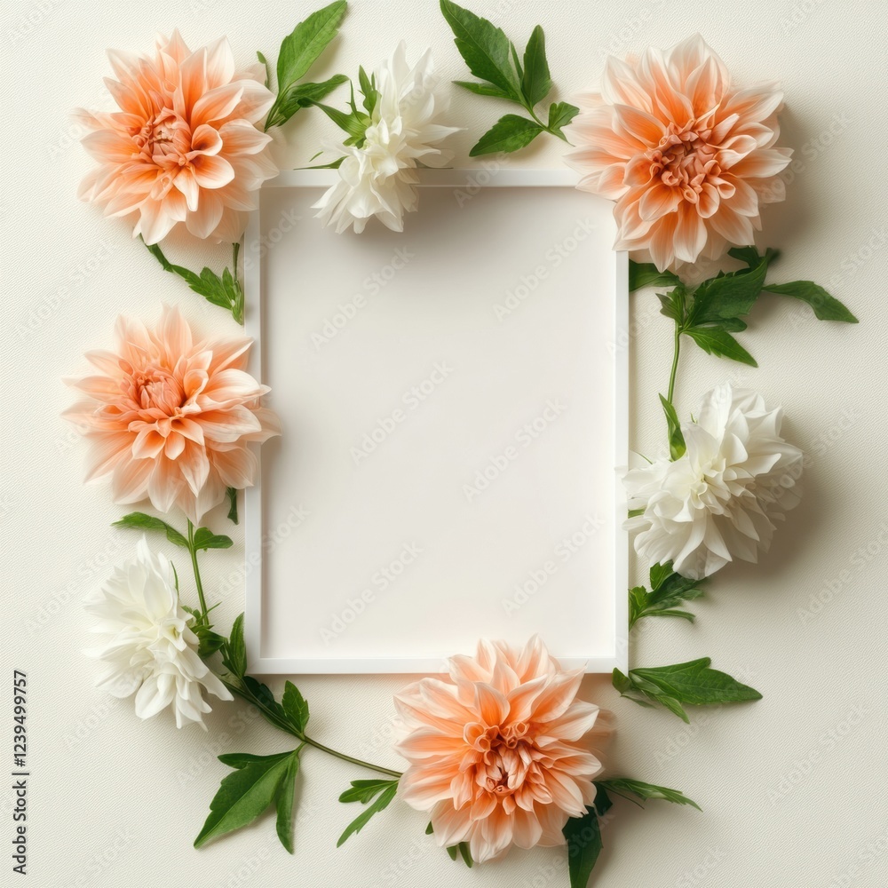 Poster floral frame made of peach and white dahlias with green leaves arranged around a blank space for wri