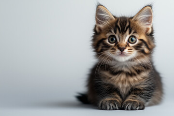 Obraz premium A small striped kitten on a gray background has a place for text on the left.