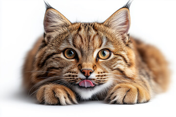 A red-haired kitten that looks like a lynx licks its lips on a white background