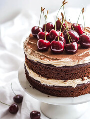 Chocolate Sponge Cake with Cherries on Marble Stand