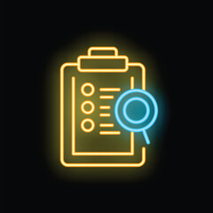 Bright neon icon showing magnifying glass examining checklist on clipboard representing auditing process