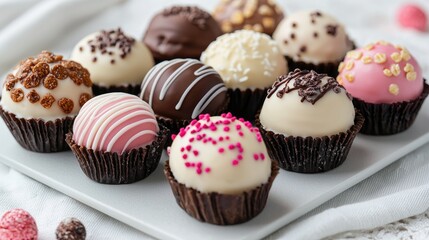 Assorted chocolate truffles on white plate, close-up. Food photography for recipe blogs