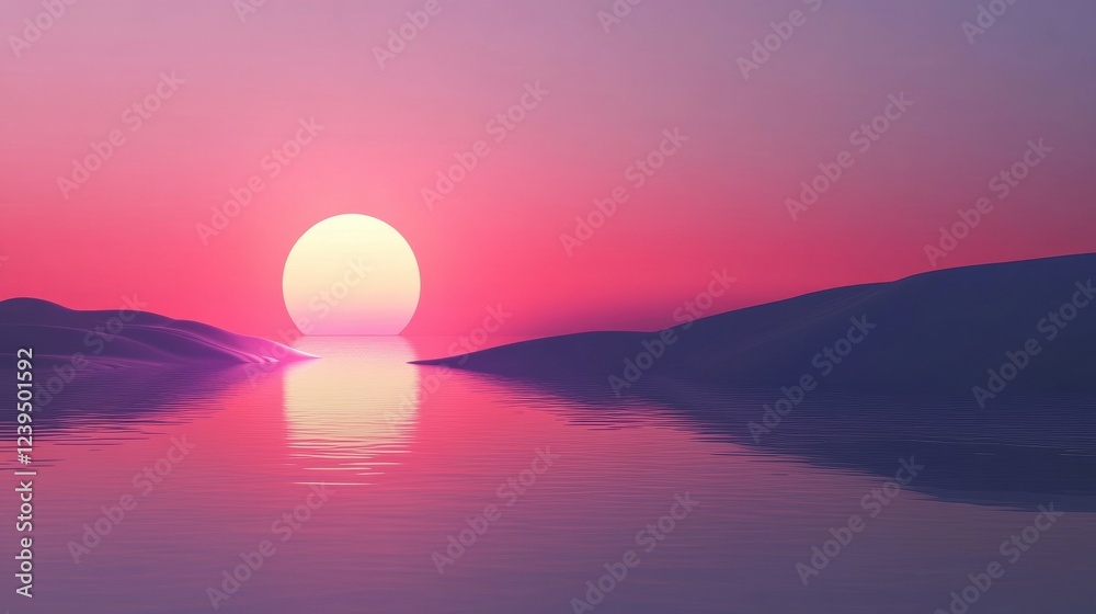 Aufkleber serene sunset over calm waters with colorful sky and gentle hills in the background at twilight hour