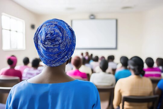 Women engaged in a learning session, promoting empowerment through education, discussing professional and personal growth strategies in Africa.