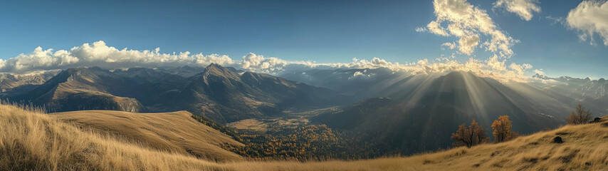 Super Ultrawide Panoramatic View Of Mountine Peaks Landscape With Sunrise