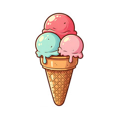 Cartoon ice cream cone cut out illustration with triple scoops of colorful flavors isolated on transparent background