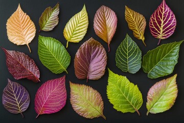 Naklejka premium Close-up view of a vibrant collection of seedling leaves exhibiting various shapes and colors, arranged artistically against a dark backdrop. Each leaf showcases intricate textures and patterns