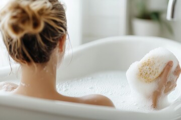Naklejka premium Woman is in a bathtub with a loofah in her hand