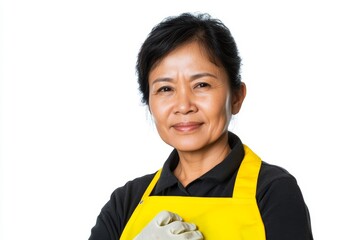 Smiling asian mature female in yellow apron with gloves on white background