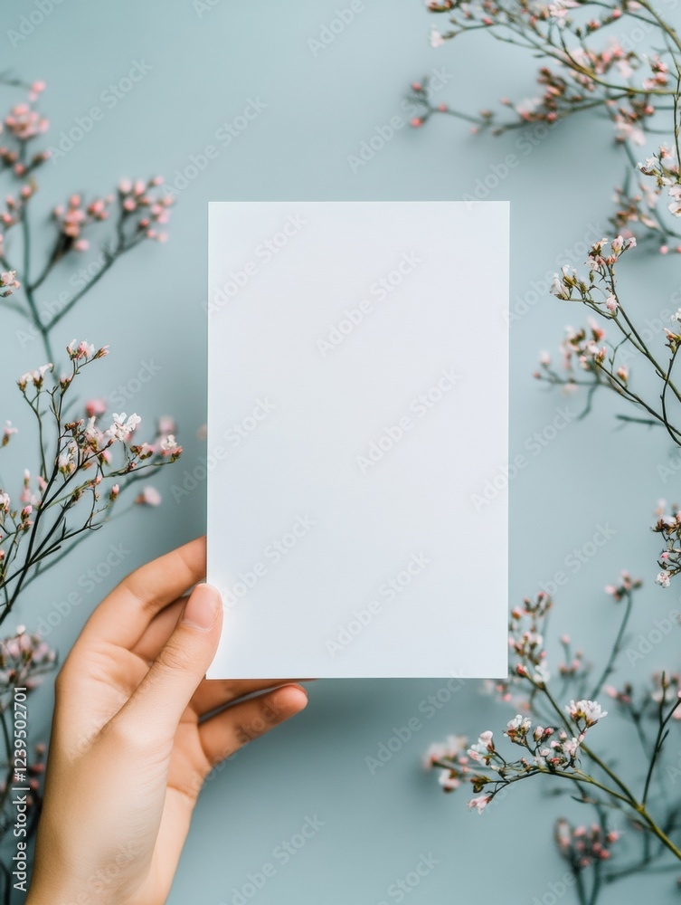 Poster hand holding blank card surrounded by delicate flowers on blue background during soft light setting.