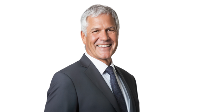 Isolated cheerful middle-aged male in formal business suit, holding a tablet, professional and approachable, realistic style, ideal for corporate presentations, transparent background,