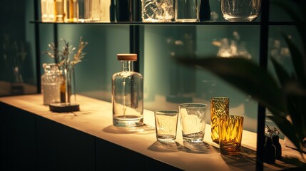 Elegant glassware and candles on a wooden shelf