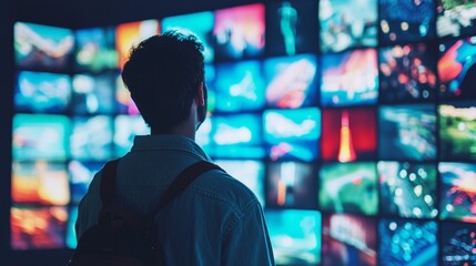 Silhouette of a person watching multiple digital screens
