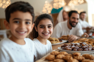 Fototapeta premium A happy family gathered around a table filled with traditional Eid foods, such as dates, samosas, and baklava, with a bright and colorful background.